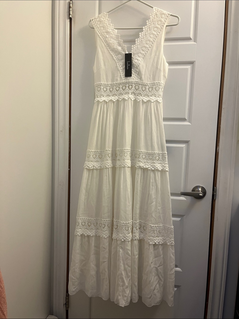 Lulus Spanish Sun White Sleeveless Tiered Lace Maxi Dress Size Medium - Picture 7 of 11
